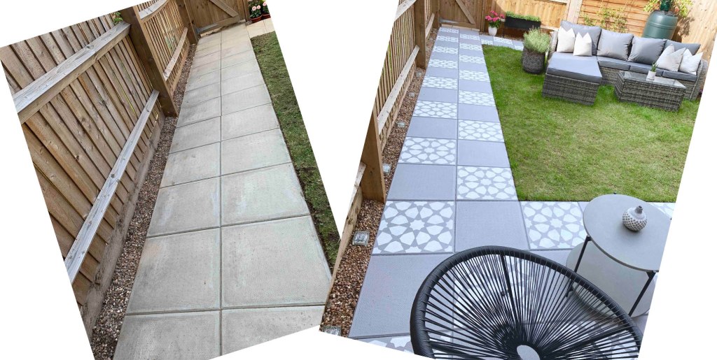Before and after DIY paving slab stencilling